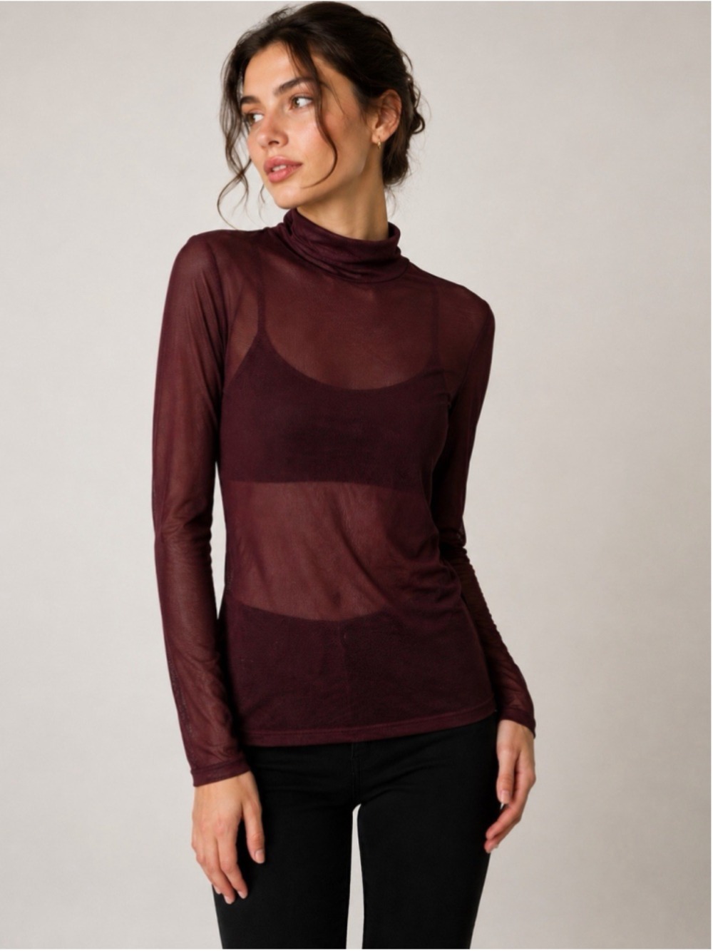 White House Market burgundy Port Mesh Turtleneck Top Size S Cocktail Party